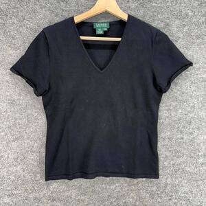 Ralph Lauren T-Shirt Women M Medium Black V-Neck Short Sleeve Silk Pullover